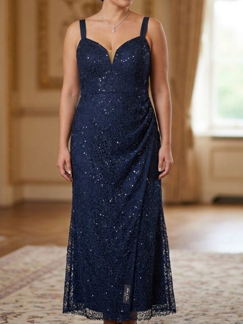 David's Bridal Jules & Cleo Sparkle Lace Corset Column Gown Navy Blue Size 14